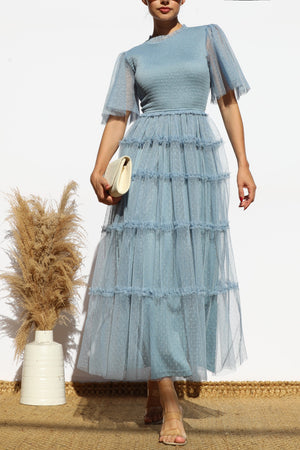 DD7801, SMOCKED TOP MESH MIDI DRESS
