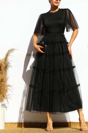 DD7801, SMOCKED TOP MESH MIDI DRESS