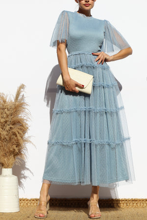 DD7801, SMOCKED TOP MESH MIDI DRESS