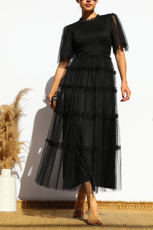 DD7801, SMOCKED TOP MESH MIDI DRESS