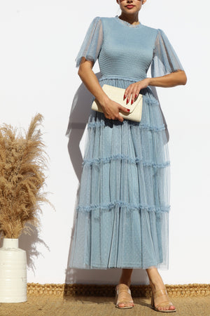 DD7801, SMOCKED TOP MESH MIDI DRESS