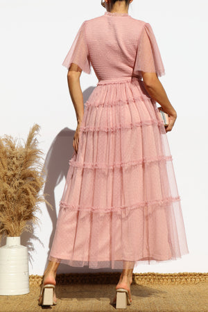DD7801, SMOCKED TOP MESH MIDI DRESS