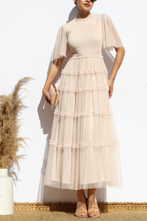 DD7801, SMOCKED TOP MESH MIDI DRESS