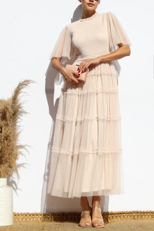 DD7801, SMOCKED TOP MESH MIDI DRESS