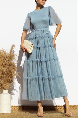 DD7801, SMOCKED TOP MESH MIDI DRESS