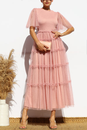 DD7801, SMOCKED TOP MESH MIDI DRESS