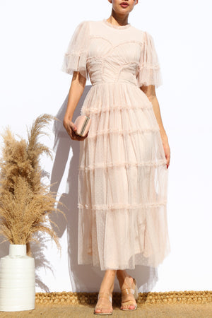 DD7810, RUFFLED MESH MIDI DRESS