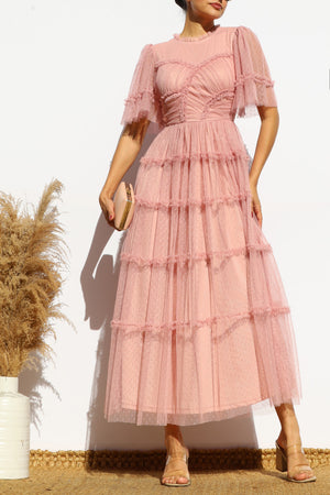 DD7810, RUFFLED MESH MIDI DRESS