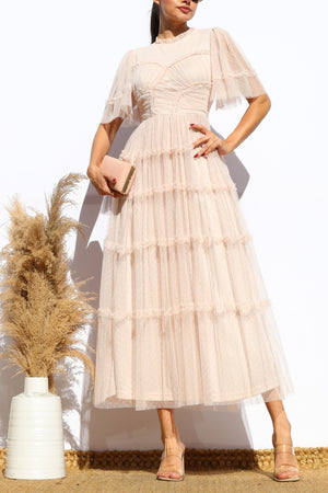 DD7810, RUFFLED MESH MIDI DRESS