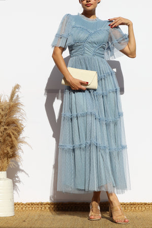 DD7810, RUFFLED MESH MIDI DRESS