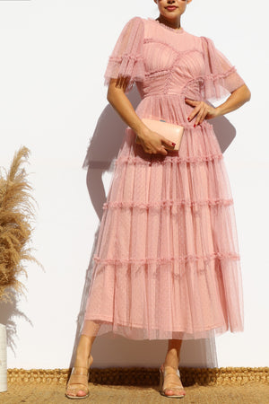 DD7810, RUFFLED MESH MIDI DRESS