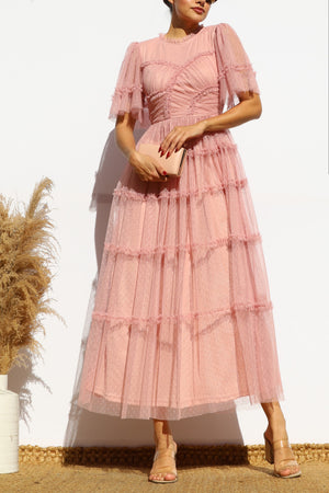 DD7810, RUFFLED MESH MIDI DRESS