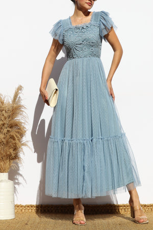 DD7842, LACE TOP MESH MIDI DRESS