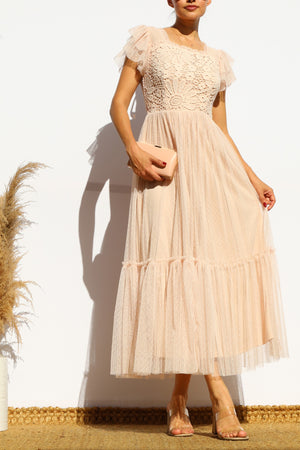 DD7842, LACE TOP MESH MIDI DRESS