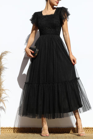 DD7842, LACE TOP MESH MIDI DRESS