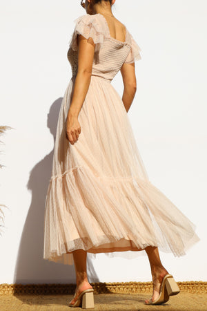 DD7842, LACE TOP MESH MIDI DRESS