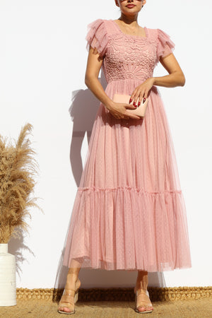 DD7842, LACE TOP MESH MIDI DRESS