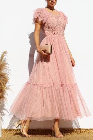 DD7842, LACE TOP MESH MIDI DRESS