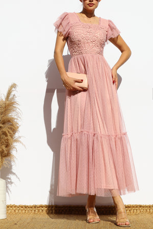 DD7842, LACE TOP MESH MIDI DRESS