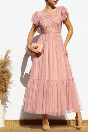 DD7842, LACE TOP MESH MIDI DRESS