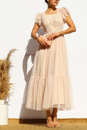 DD7842, LACE TOP MESH MIDI DRESS