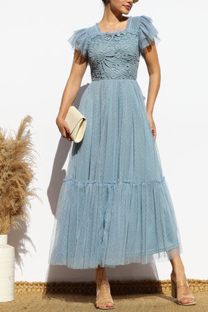 DD7842, LACE TOP MESH MIDI DRESS