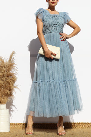 DD7842, LACE TOP MESH MIDI DRESS