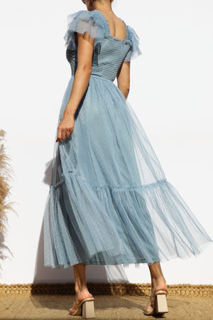 DD7842, LACE TOP MESH MIDI DRESS