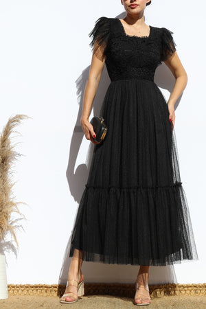 DD7842, LACE TOP MESH MIDI DRESS