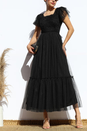 DD7842, LACE TOP MESH MIDI DRESS