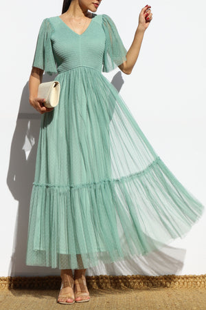 DD4650, SMOCKED TOP MESH RUFFLED MIDI DRESS
