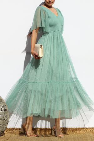 DD4650, SMOCKED TOP MESH RUFFLED MIDI DRESS