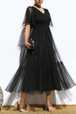 DD4650, SMOCKED TOP MESH RUFFLED MIDI DRESS