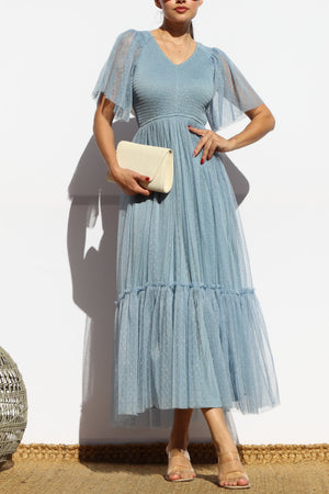 DD4650, SMOCKED TOP MESH RUFFLED MIDI DRESS