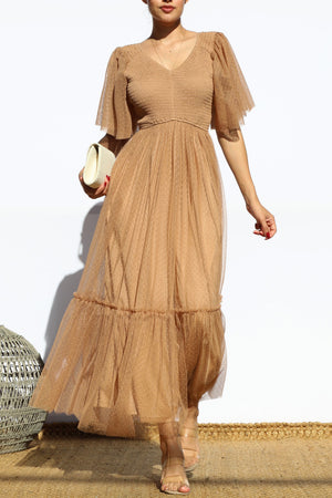 DD4650, SMOCKED TOP MESH RUFFLED MIDI DRESS