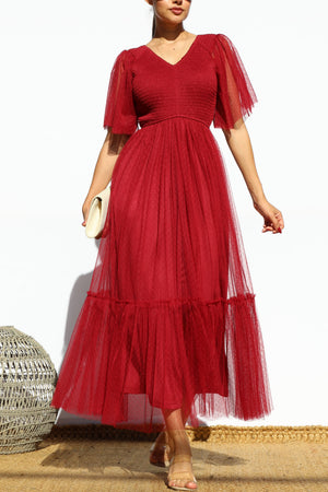 DD4650, SMOCKED TOP MESH RUFFLED MIDI DRESS