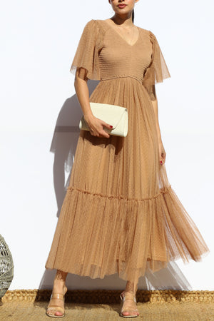 DD4650, SMOCKED TOP MESH RUFFLED MIDI DRESS
