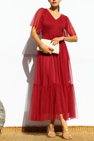 DD4650, SMOCKED TOP MESH RUFFLED MIDI DRESS