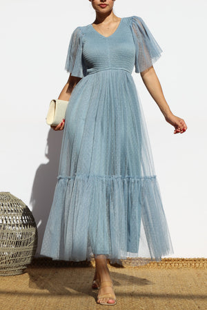 DD4650, SMOCKED TOP MESH RUFFLED MIDI DRESS
