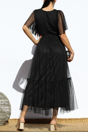 DD4650, SMOCKED TOP MESH RUFFLED MIDI DRESS