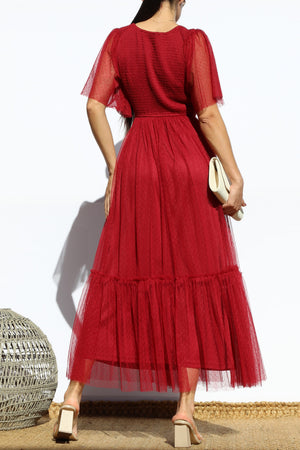 DD4650, SMOCKED TOP MESH RUFFLED MIDI DRESS
