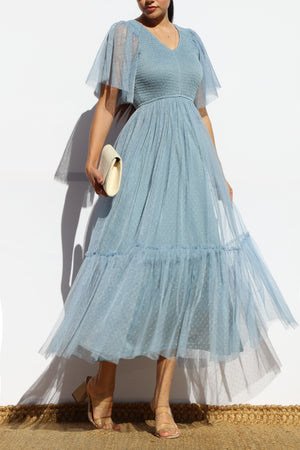 DD4650, SMOCKED TOP MESH RUFFLED MIDI DRESS