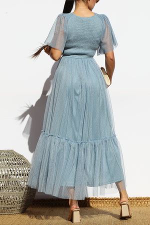 DD4650, SMOCKED TOP MESH RUFFLED MIDI DRESS