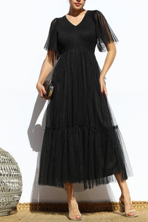 DD4650, SMOCKED TOP MESH RUFFLED MIDI DRESS
