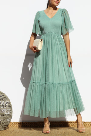 DD4650, SMOCKED TOP MESH RUFFLED MIDI DRESS