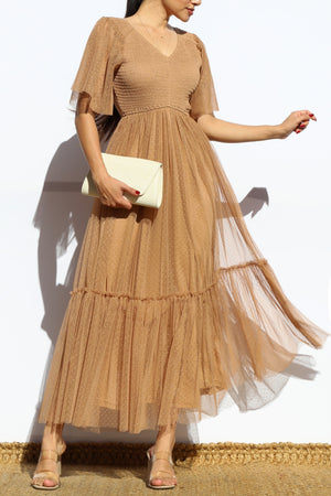 DD4650, SMOCKED TOP MESH RUFFLED MIDI DRESS