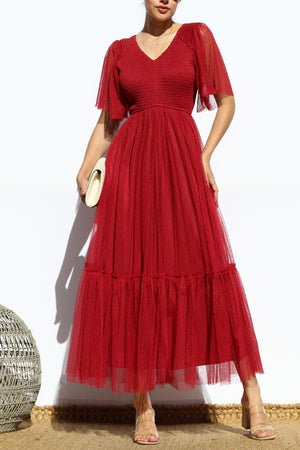 DD4650, SMOCKED TOP MESH RUFFLED MIDI DRESS