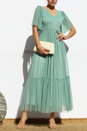 DD4650, SMOCKED TOP MESH RUFFLED MIDI DRESS