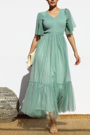 DD4650, SMOCKED TOP MESH RUFFLED MIDI DRESS