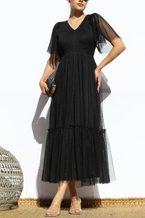 DD4650, SMOCKED TOP MESH RUFFLED MIDI DRESS